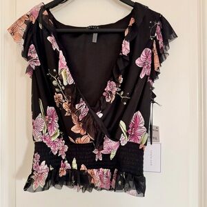 1. State Black Floral Ruffle Blouse